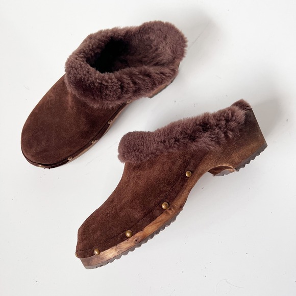 Vintage Swedish Wooden Clogs Brown Suede Shearling Fur Mules Studded Size 37 / 7